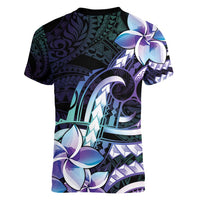 Polynesian Art Tattoo Women V-Neck T-Shirt Plumeria Flowers Turquoise Gradient