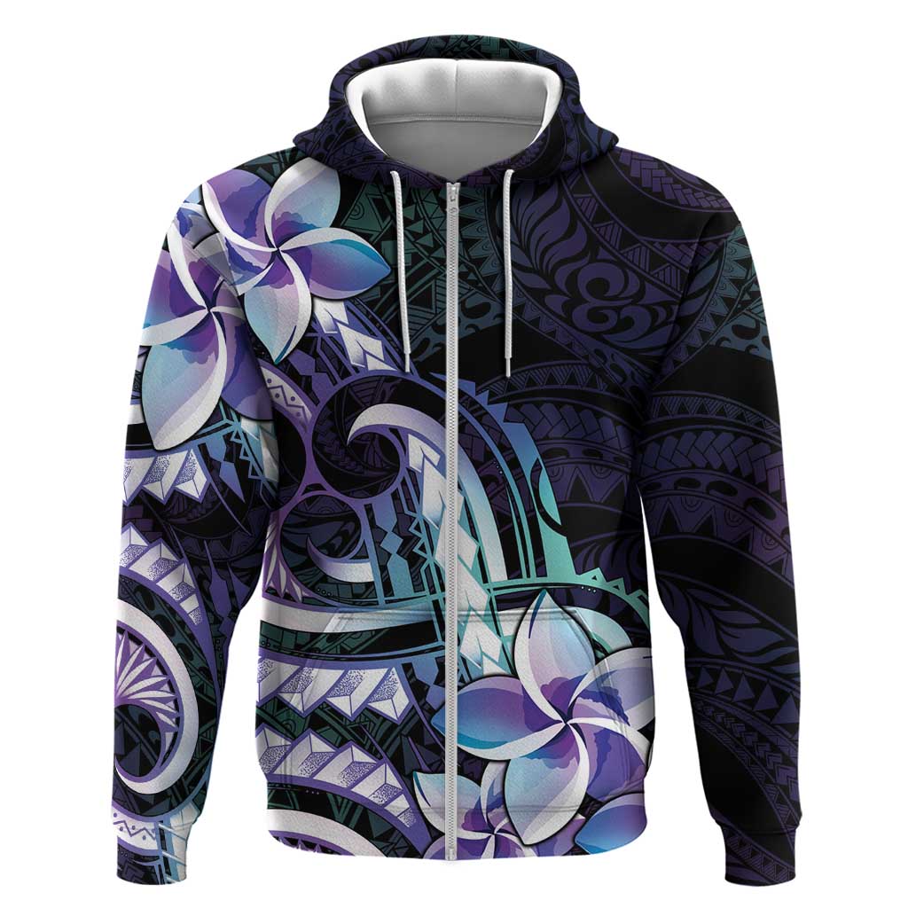 Polynesian Art Tattoo Zip Hoodie Plumeria Flowers Turquoise Gradient LT05 Zip Hoodie Turquoise - Polynesian Pride