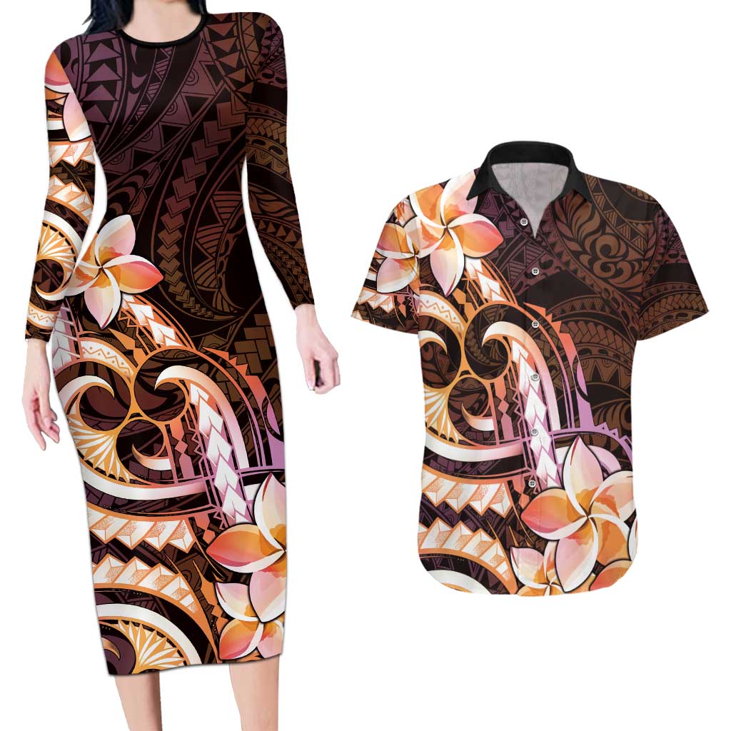 Polynesian Art Tattoo Couples Matching Long Sleeve Bodycon Dress and Hawaiian Shirt Plumeria Flowers Peach Gradient