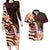 Polynesian Art Tattoo Couples Matching Long Sleeve Bodycon Dress and Hawaiian Shirt Plumeria Flowers Peach Gradient