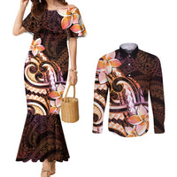 Polynesian Art Tattoo Couples Matching Mermaid Dress and Long Sleeve Button Shirt Plumeria Flowers Peach Gradient
