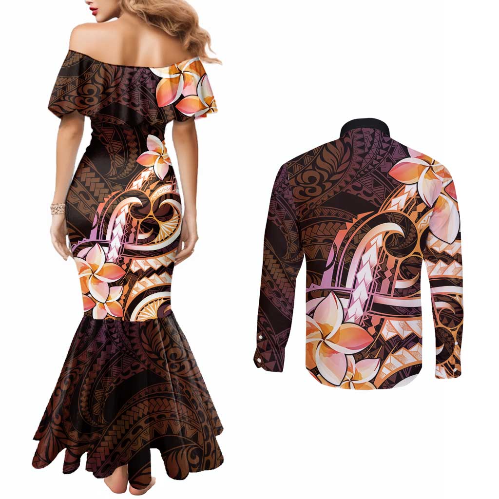 Polynesian Art Tattoo Couples Matching Mermaid Dress and Long Sleeve Button Shirt Plumeria Flowers Peach Gradient