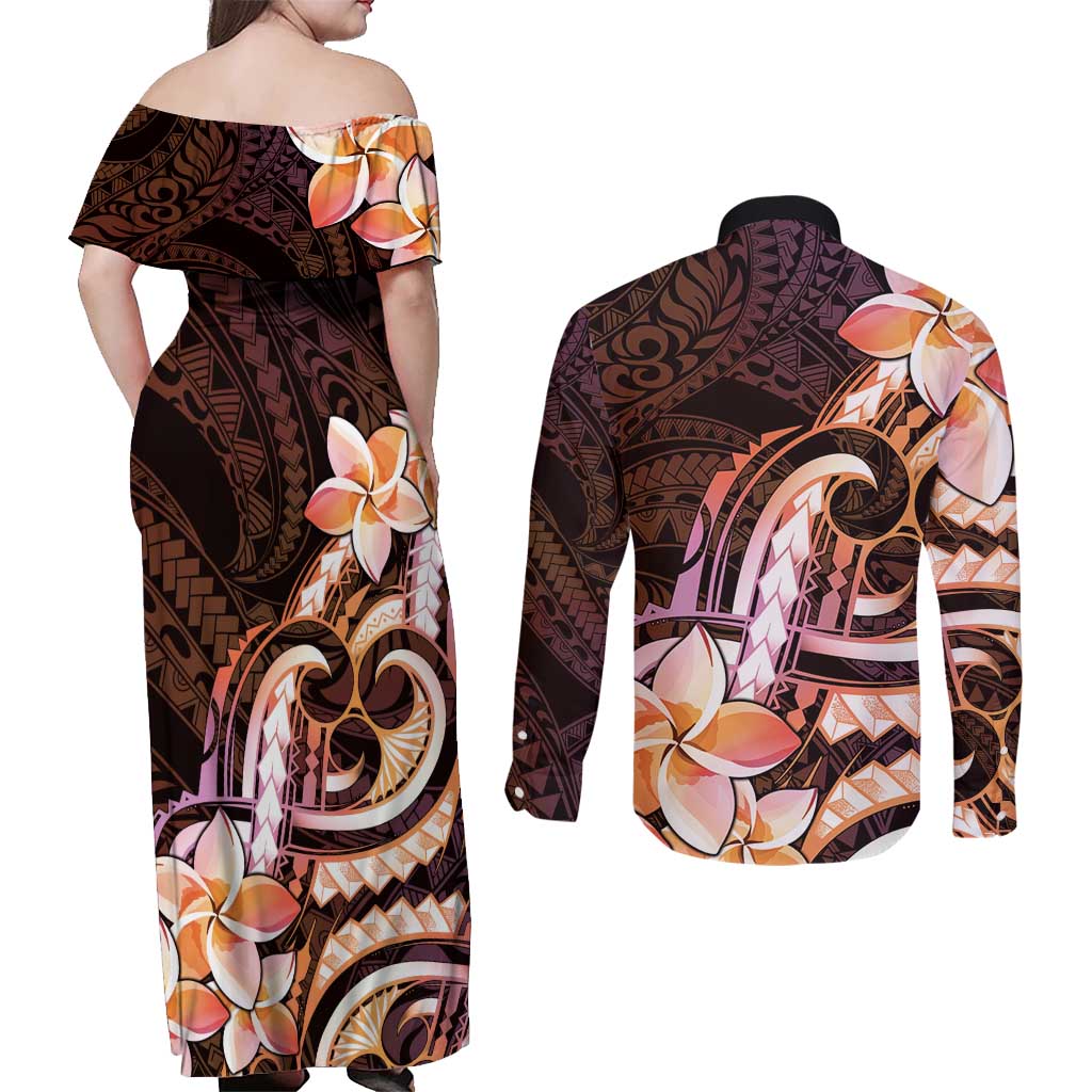 Polynesian Art Tattoo Couples Matching Off Shoulder Maxi Dress and Long Sleeve Button Shirt Plumeria Flowers Peach Gradient