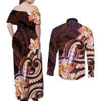 Polynesian Art Tattoo Couples Matching Off Shoulder Maxi Dress and Long Sleeve Button Shirt Plumeria Flowers Peach Gradient