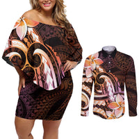 Polynesian Art Tattoo Couples Matching Off Shoulder Short Dress and Long Sleeve Button Shirt Plumeria Flowers Peach Gradient