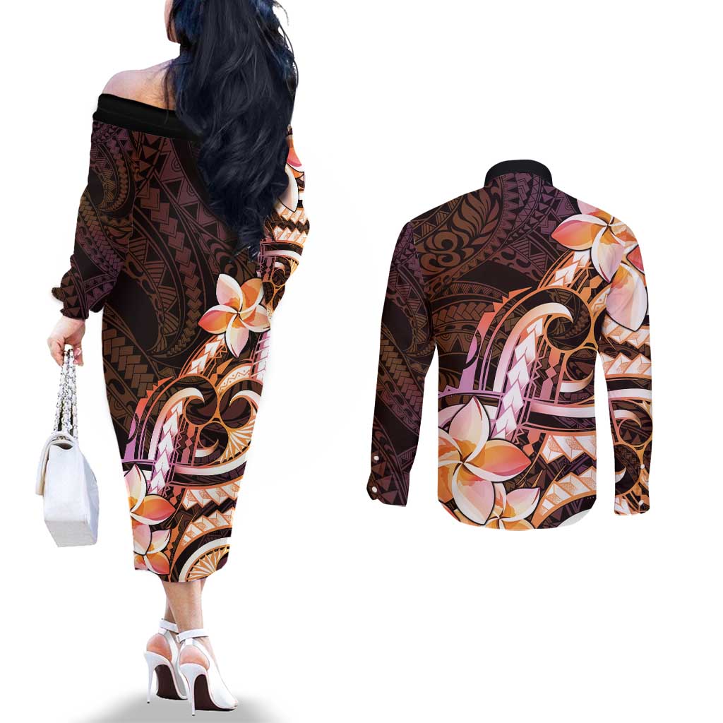 Polynesian Art Tattoo Couples Matching Off The Shoulder Long Sleeve Dress and Long Sleeve Button Shirt Plumeria Flowers Peach Gradient