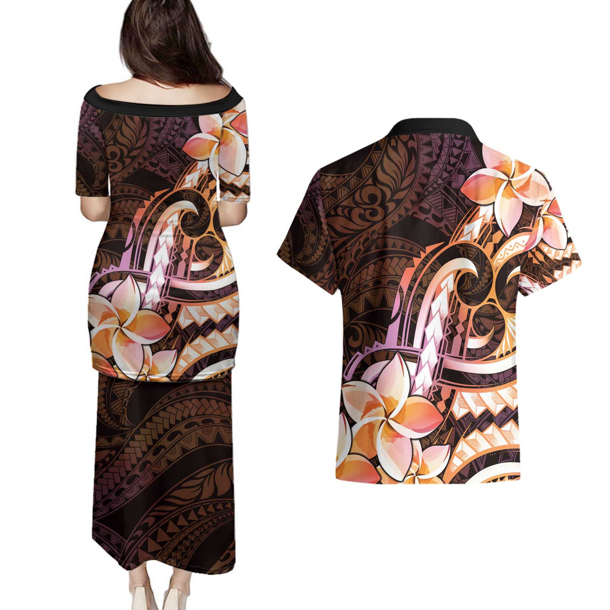 Polynesian Art Tattoo Couples Matching Puletasi and Hawaiian Shirt Plumeria Flowers Peach Gradient
