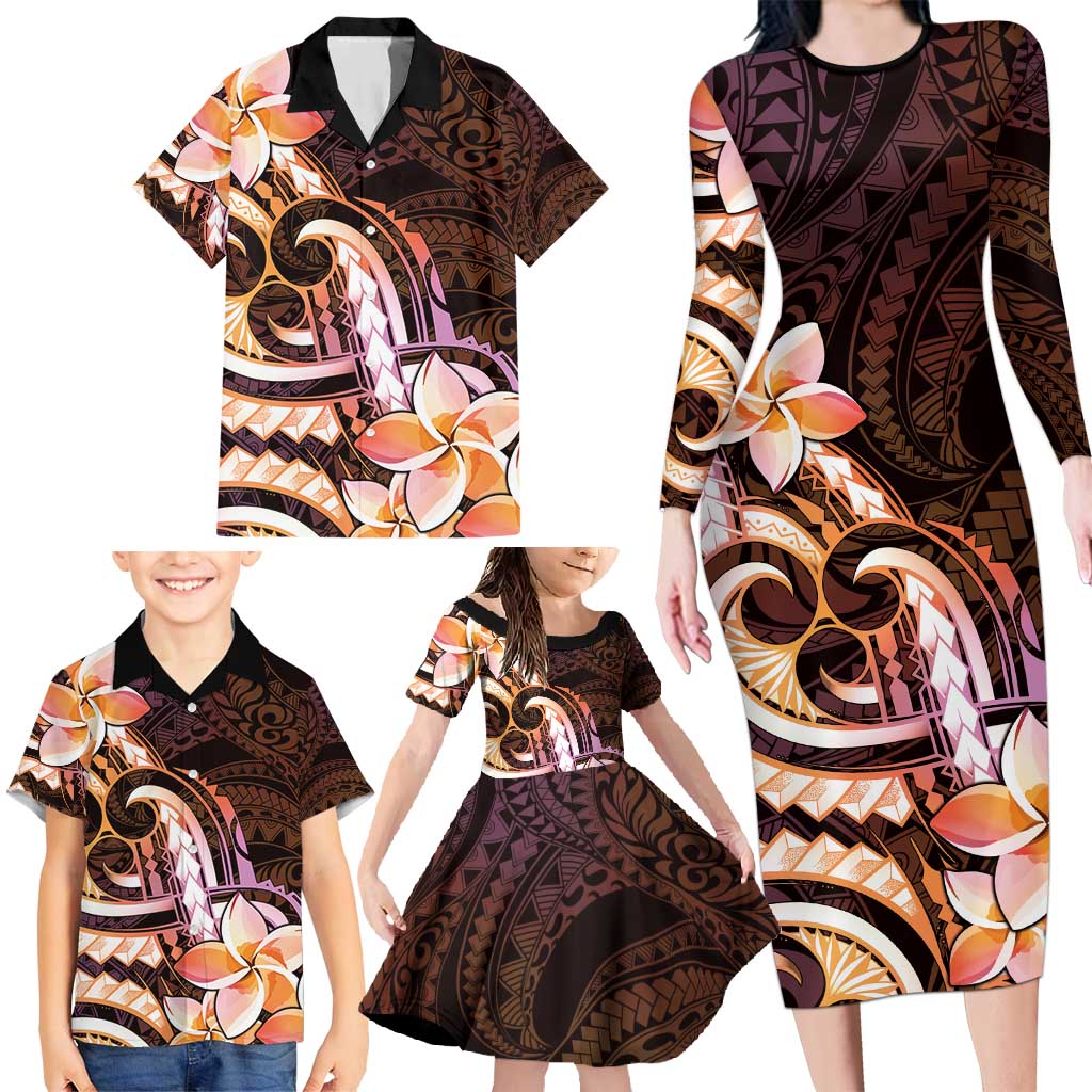 Polynesian Art Tattoo Family Matching Long Sleeve Bodycon Dress and Hawaiian Shirt Plumeria Flowers Peach Gradient LT05 - Polynesian Pride