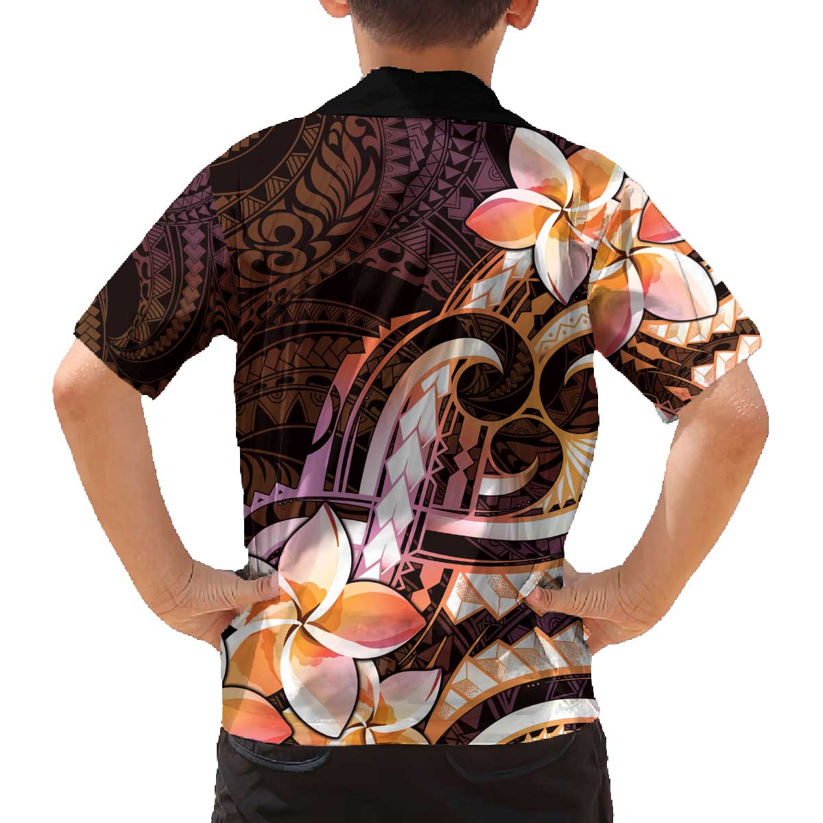 Polynesian Art Tattoo Family Matching Off The Shoulder Long Sleeve Dress and Hawaiian Shirt Plumeria Flowers Peach Gradient LT05 - Polynesian Pride