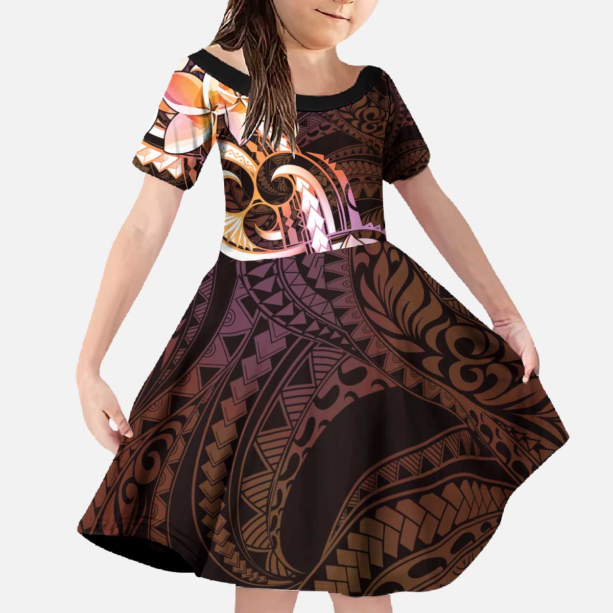Polynesian Art Tattoo Family Matching Off The Shoulder Long Sleeve Dress and Hawaiian Shirt Plumeria Flowers Peach Gradient LT05 Daughter's Dress Peach - Polynesian Pride