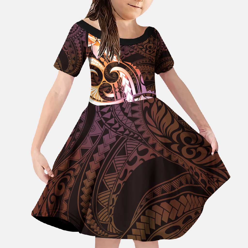 Polynesian Art Tattoo Family Matching Off Shoulder Maxi Dress and Hawaiian Shirt Plumeria Flowers Peach Gradient LT05 Daughter's Dress Peach - Polynesian Pride