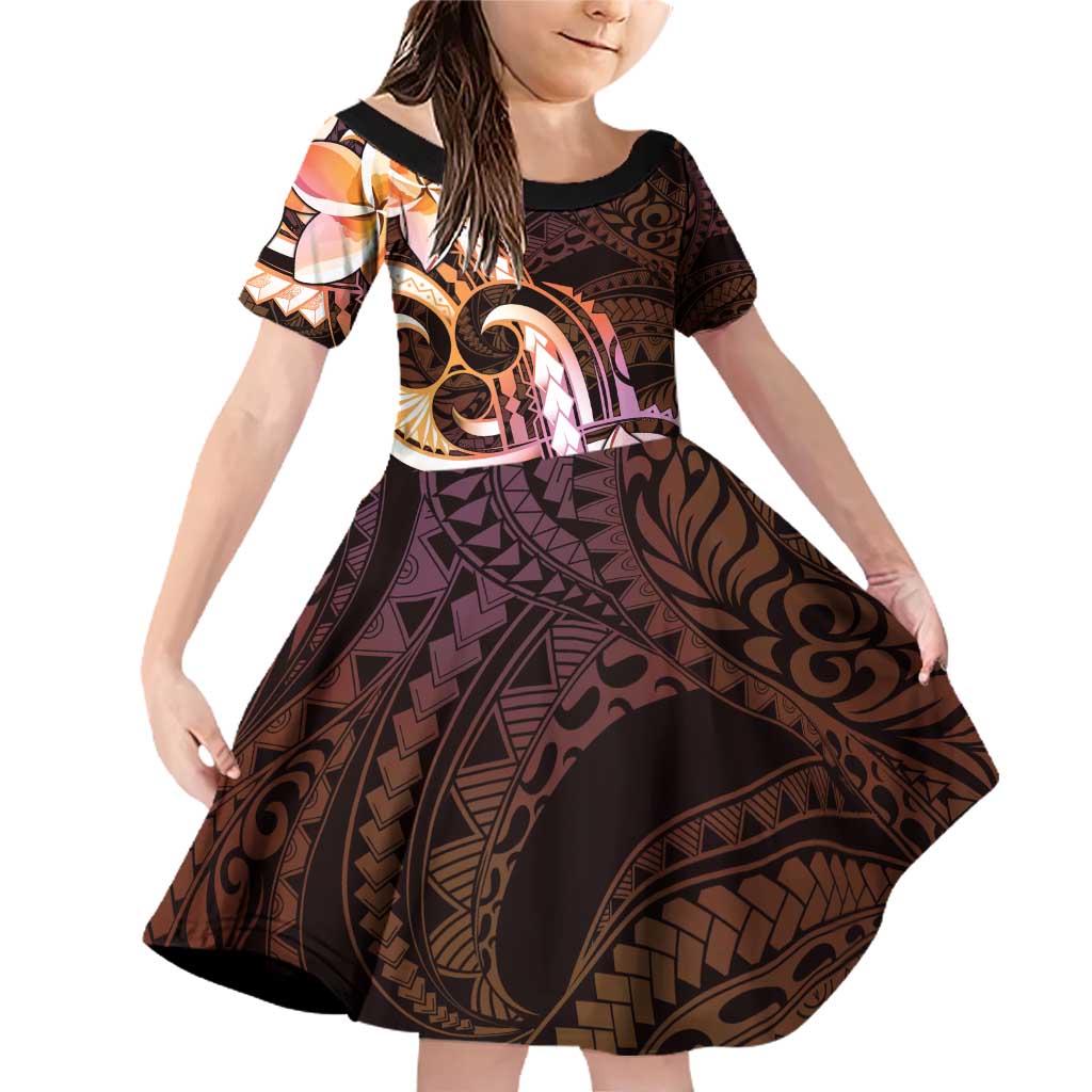 Polynesian Art Tattoo Family Matching Off Shoulder Short Dress and Hawaiian Shirt Plumeria Flowers Peach Gradient LT05 Daughter's Dress Peach - Polynesian Pride