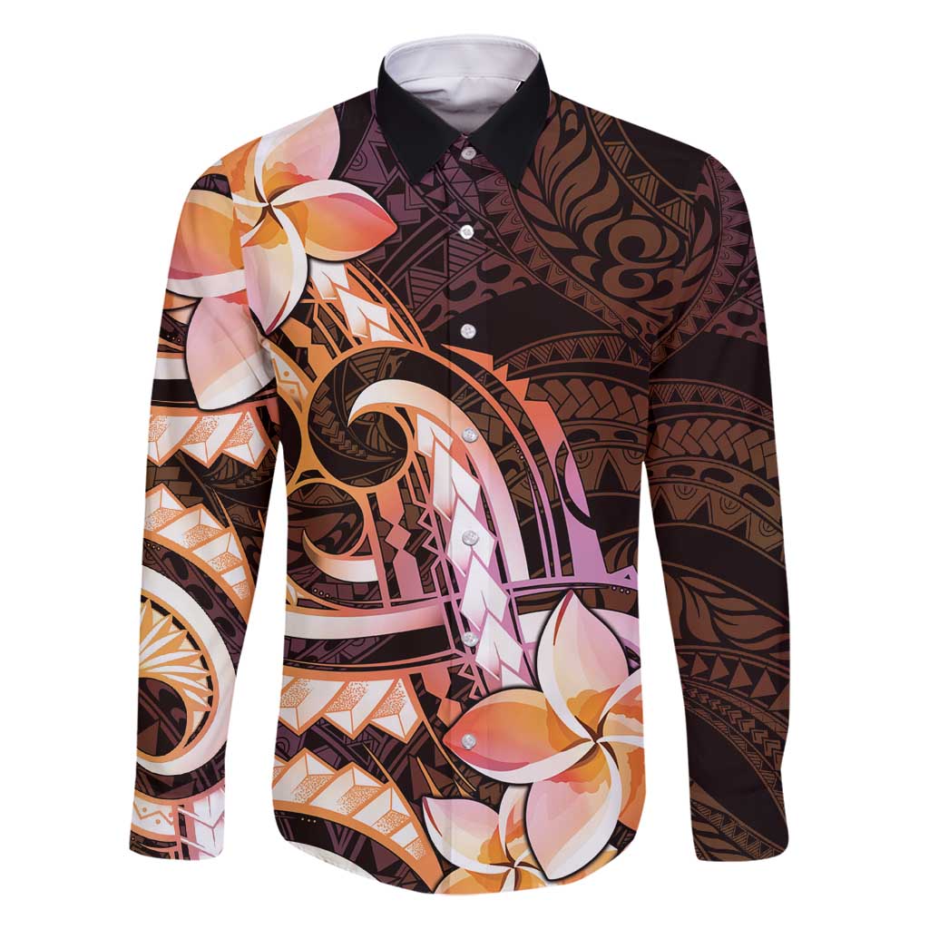 Polynesian Art Tattoo Family Matching Off Shoulder Short Dress and Hawaiian Shirt Plumeria Flowers Peach Gradient LT05 Dad's Shirt - Long Sleeve Peach - Polynesian Pride