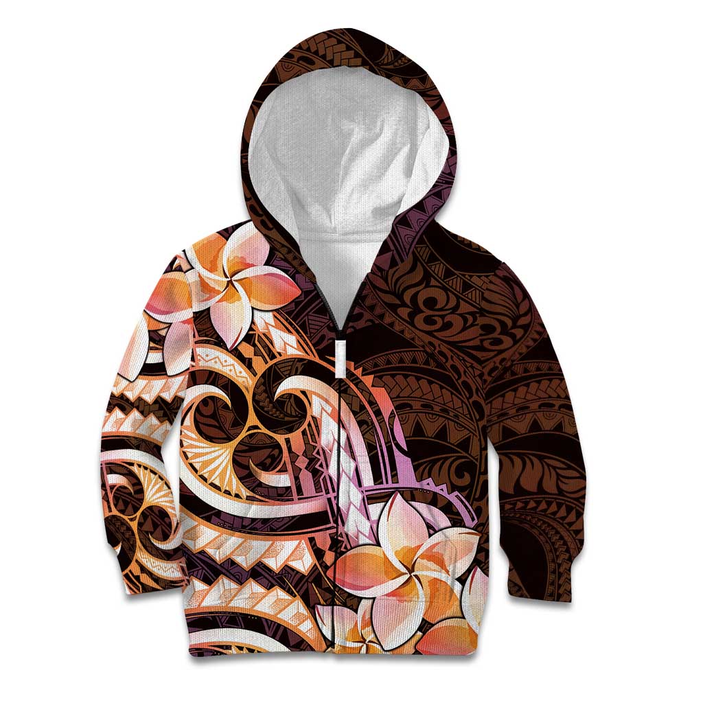 Polynesian Art Tattoo Kid Hoodie Plumeria Flowers Peach Gradient LT05 Zip Hoodie Peach - Polynesian Pride