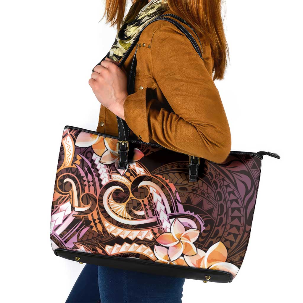 Polynesian Art Tattoo Leather Tote Bag Plumeria Flowers Peach Gradient