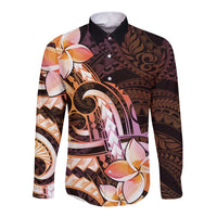 Polynesian Art Tattoo Long Sleeve Button Shirt Plumeria Flowers Peach Gradient
