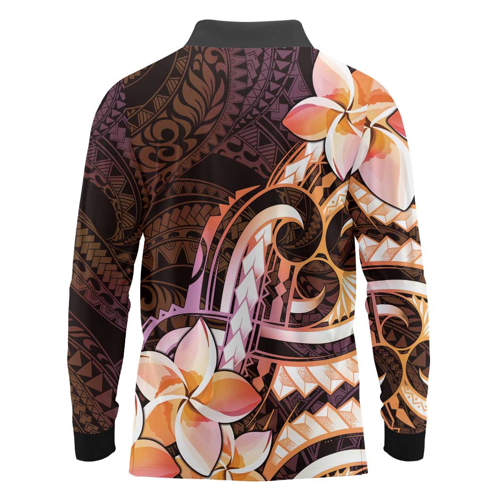 Polynesian Art Tattoo Long Sleeve Polo Shirt Plumeria Flowers Peach Gradient
