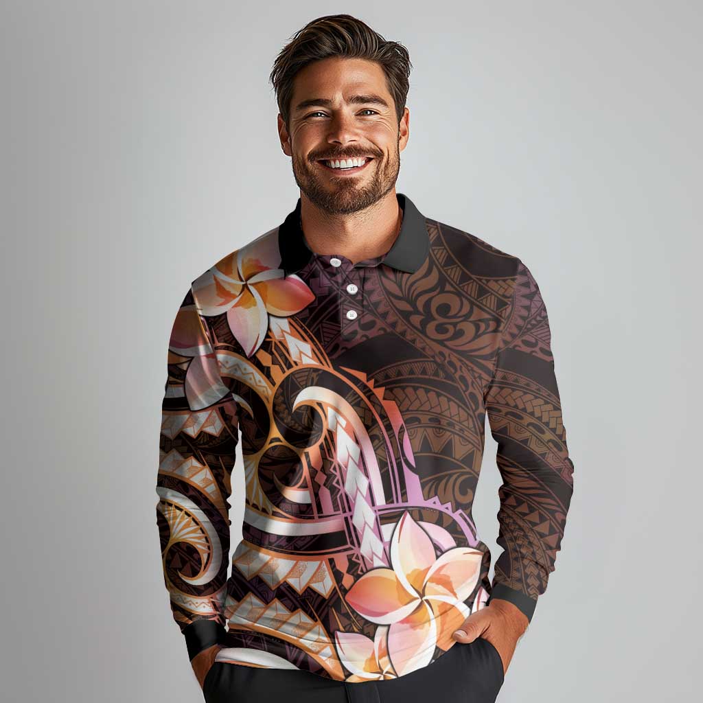 Polynesian Art Tattoo Long Sleeve Polo Shirt Plumeria Flowers Peach Gradient