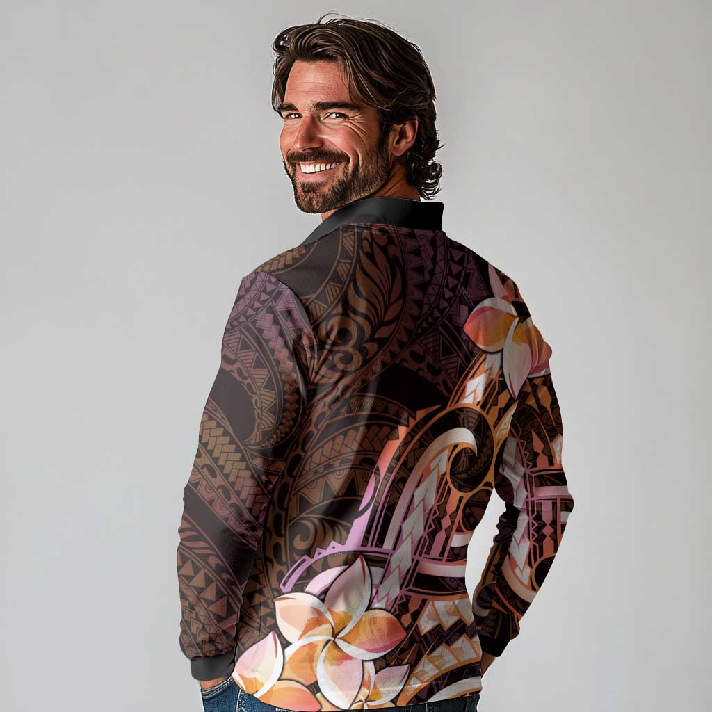Polynesian Art Tattoo Long Sleeve Polo Shirt Plumeria Flowers Peach Gradient
