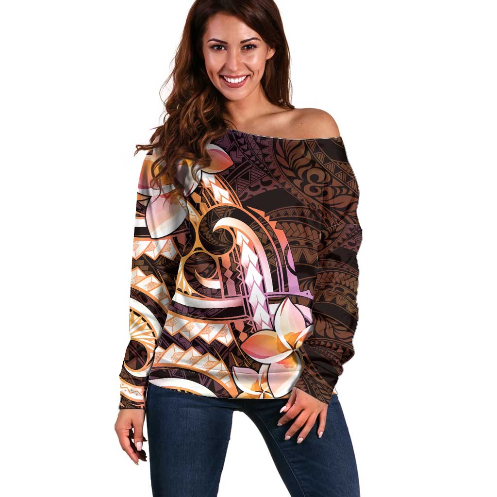 Polynesian Art Tattoo Off Shoulder Sweater Plumeria Flowers Peach Gradient LT05 Women Peach - Polynesian Pride