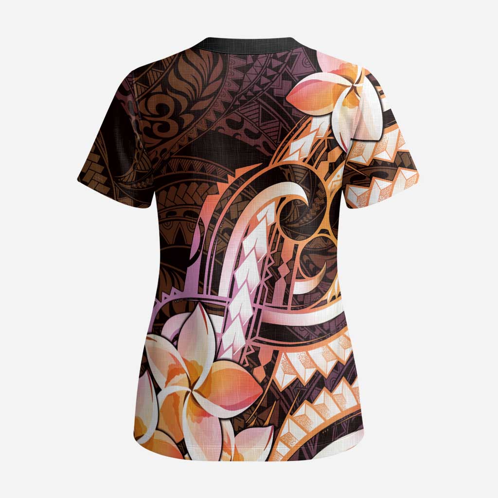 Polynesian Art Tattoo Scrub Top Plumeria Flowers Peach Gradient - Polynesian Pride