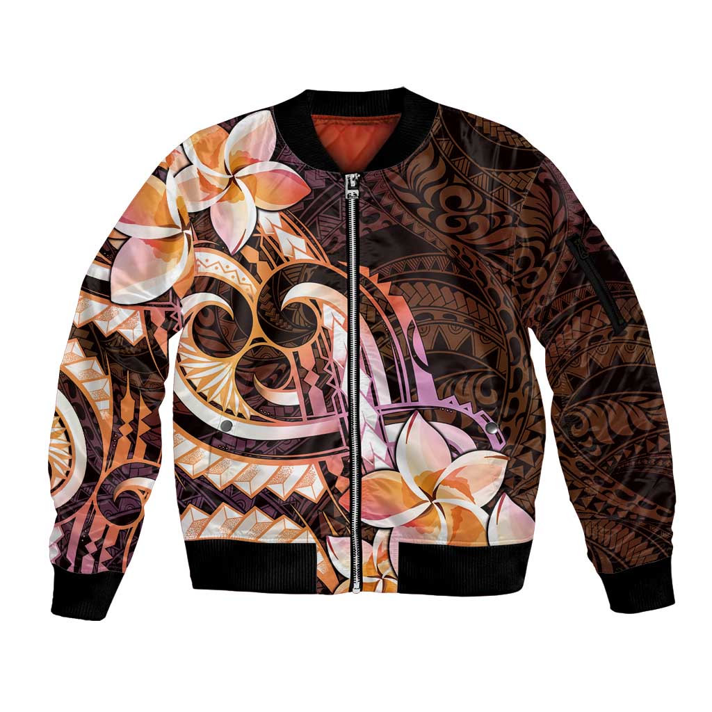 Polynesian Art Tattoo Sleeve Zip Bomber Jacket Plumeria Flowers Peach Gradient LT05 Unisex Peach - Polynesian Pride