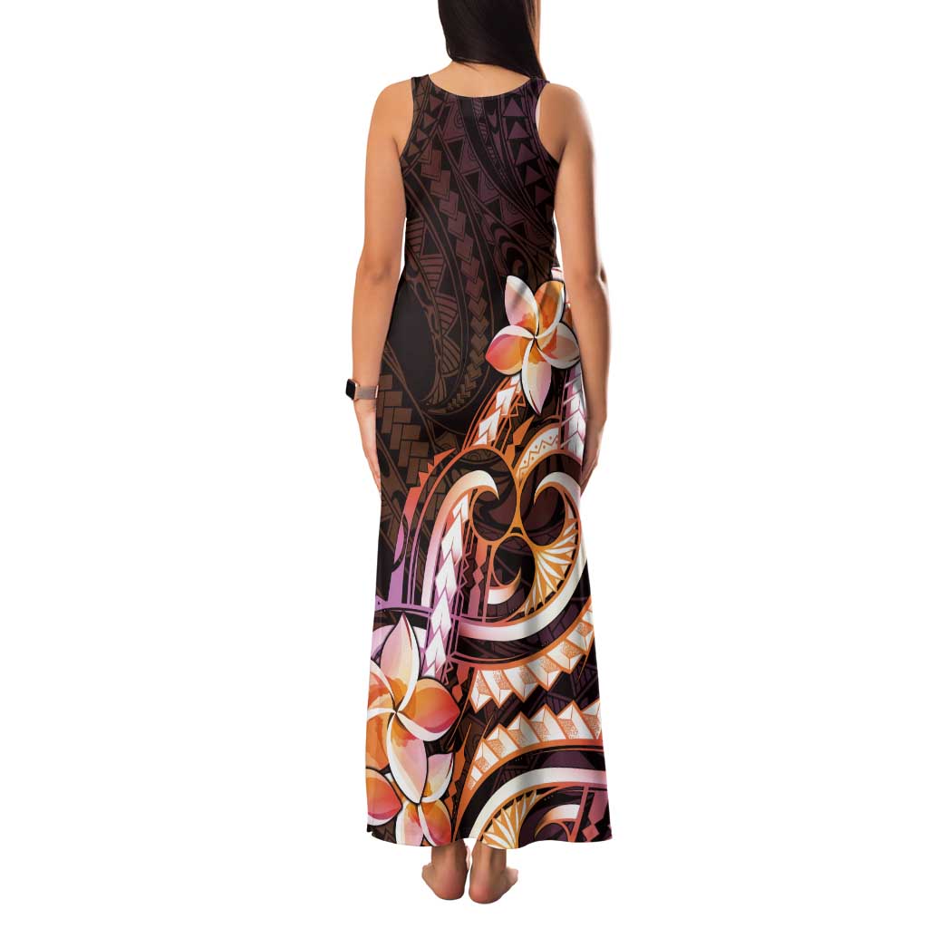 Polynesian Art Tattoo Tank Maxi Dress Plumeria Flowers Peach Gradient