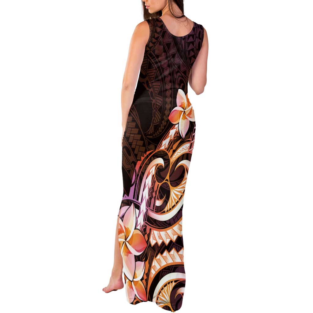 Polynesian Art Tattoo Tank Maxi Dress Plumeria Flowers Peach Gradient