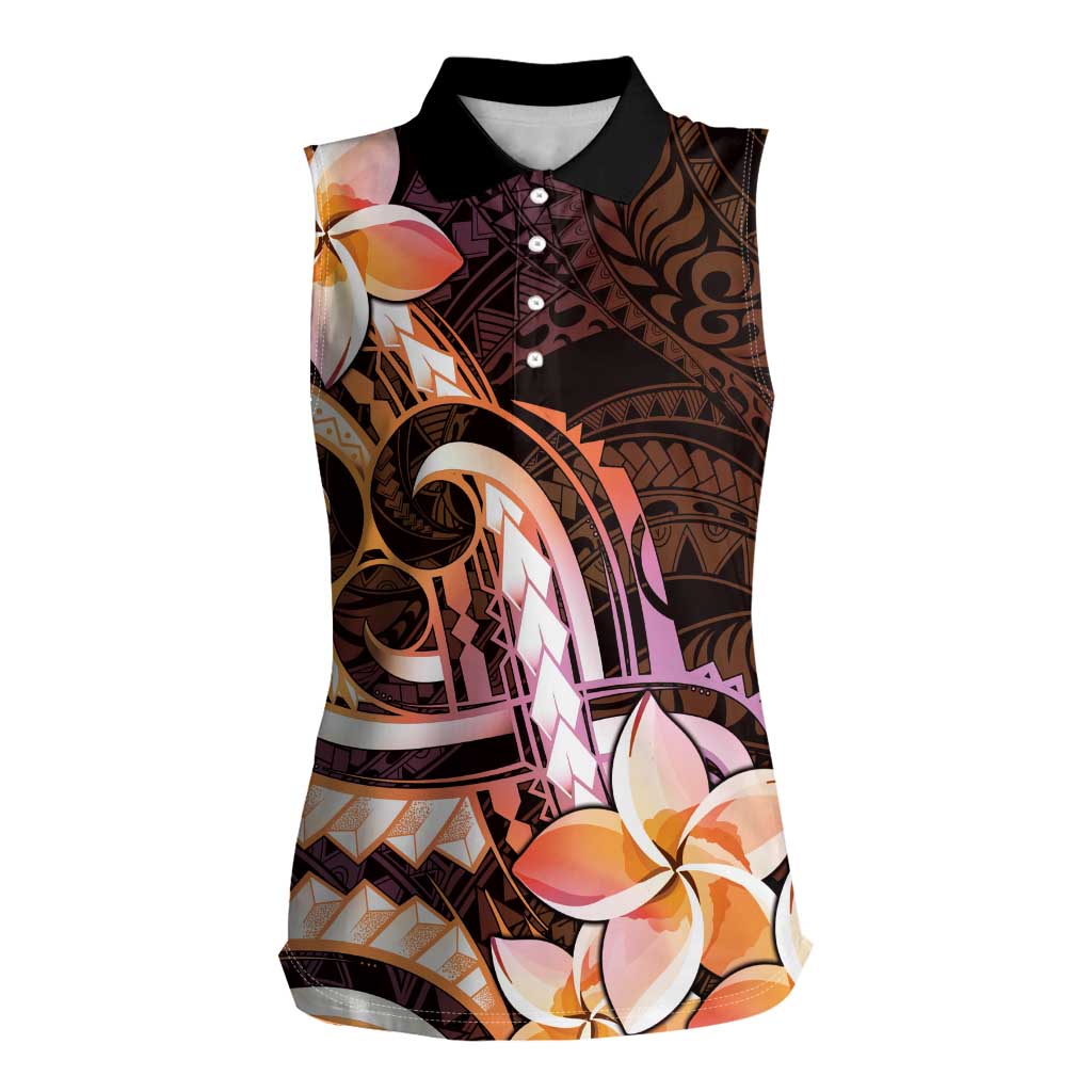 Polynesian Art Tattoo Women Sleeveless Polo Shirt Plumeria Flowers Peach Gradient