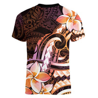 Polynesian Art Tattoo Women V-Neck T-Shirt Plumeria Flowers Peach Gradient