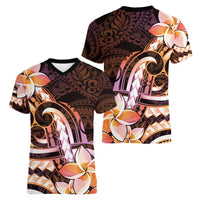 Polynesian Art Tattoo Women V-Neck T-Shirt Plumeria Flowers Peach Gradient