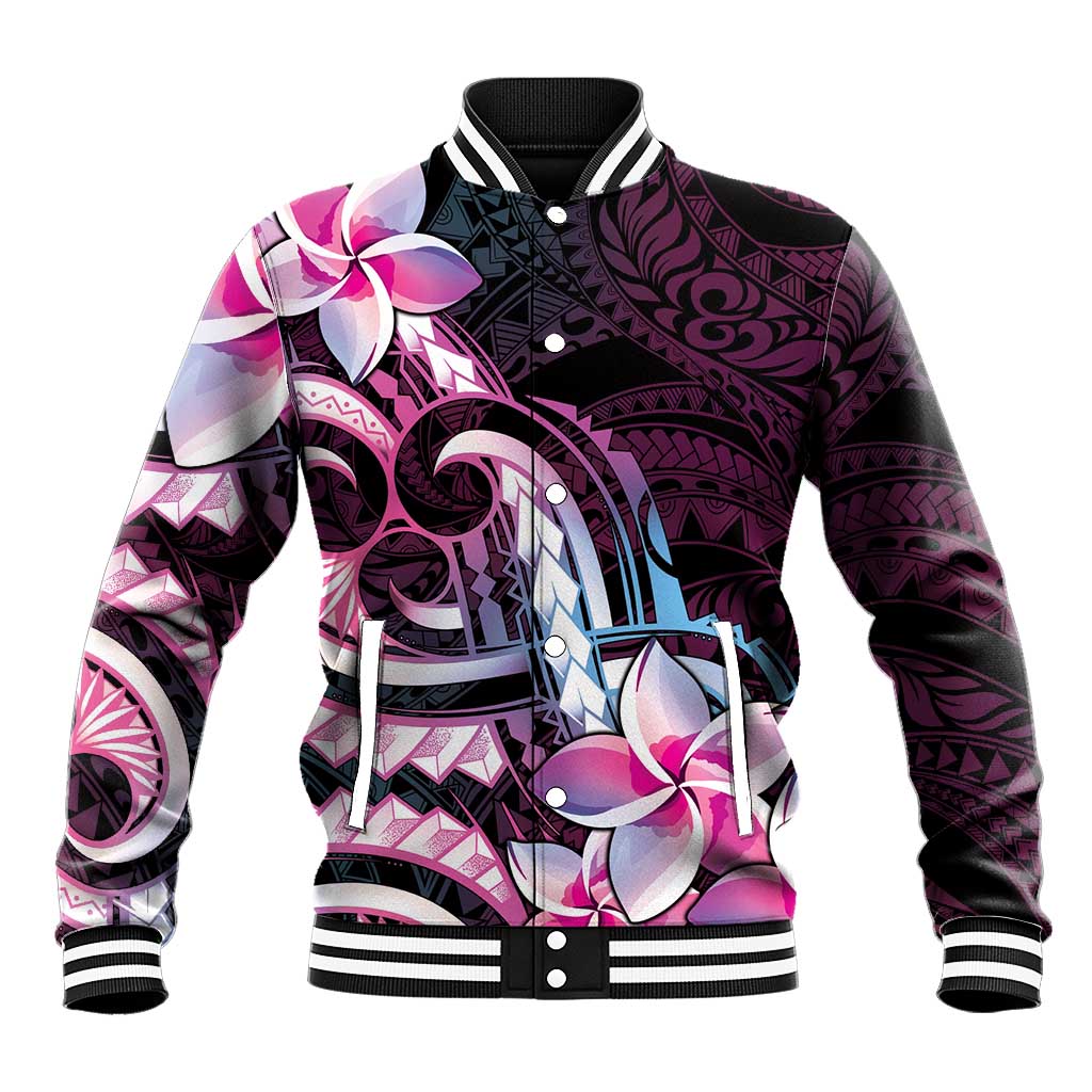 Polynesian Art Tattoo Baseball Jacket Plumeria Flowers Pink Gradient