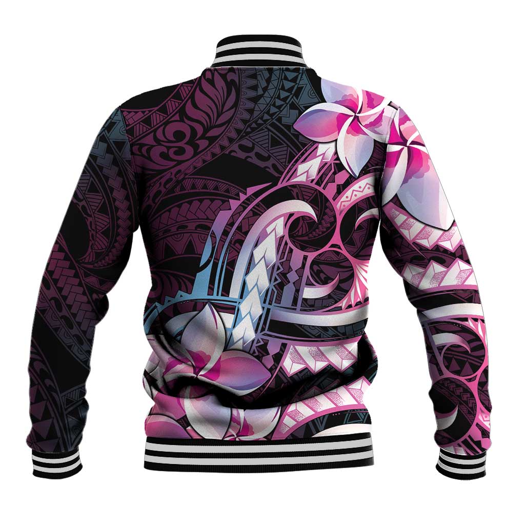 Polynesian Art Tattoo Baseball Jacket Plumeria Flowers Pink Gradient