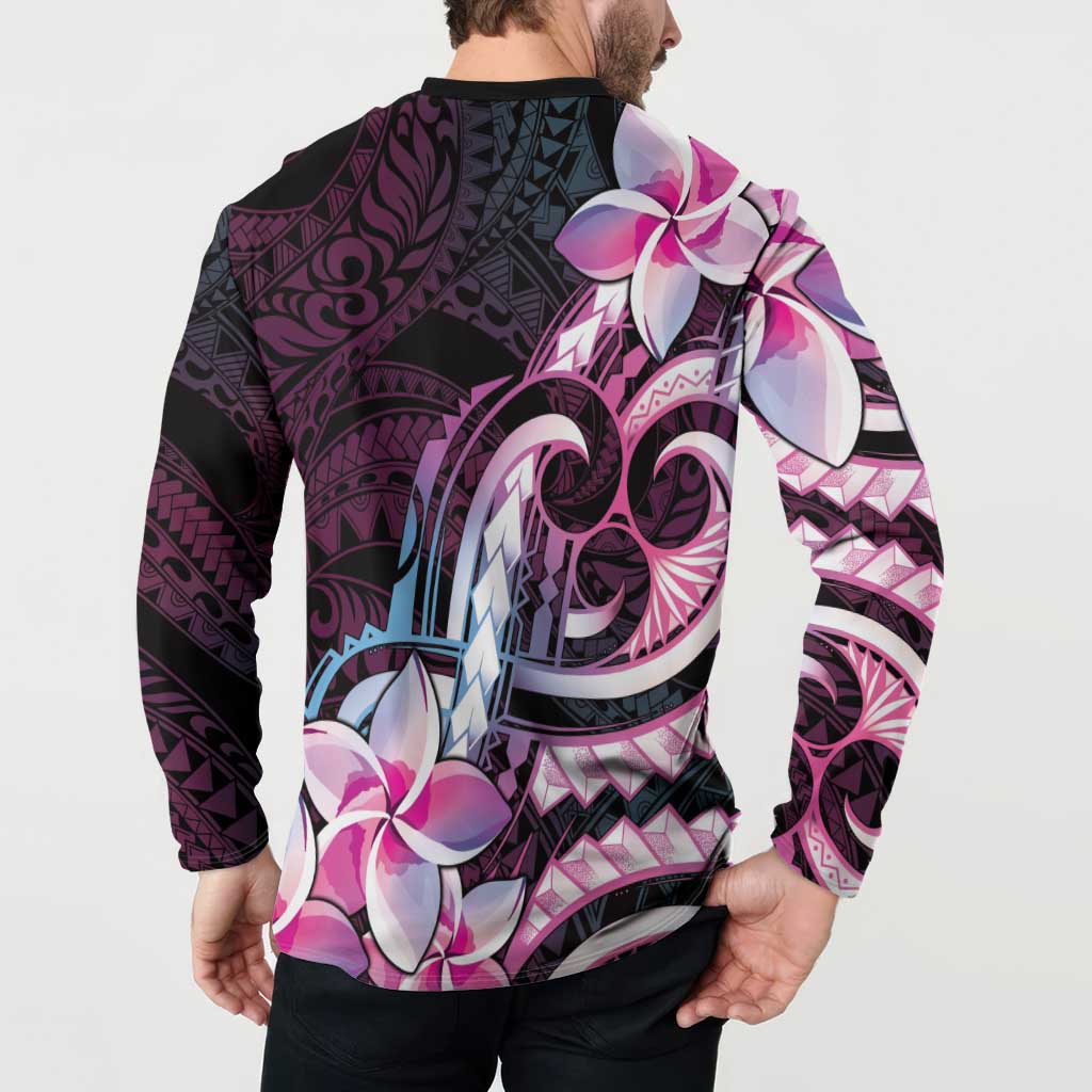 Polynesian Art Tattoo Button Sweatshirt Plumeria Flowers Pink Gradient