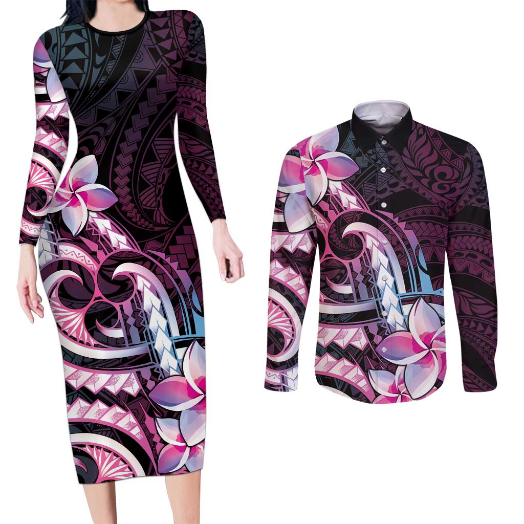 Polynesian Art Tattoo Couples Matching Long Sleeve Bodycon Dress and Long Sleeve Button Shirt Plumeria Flowers Pink Gradient