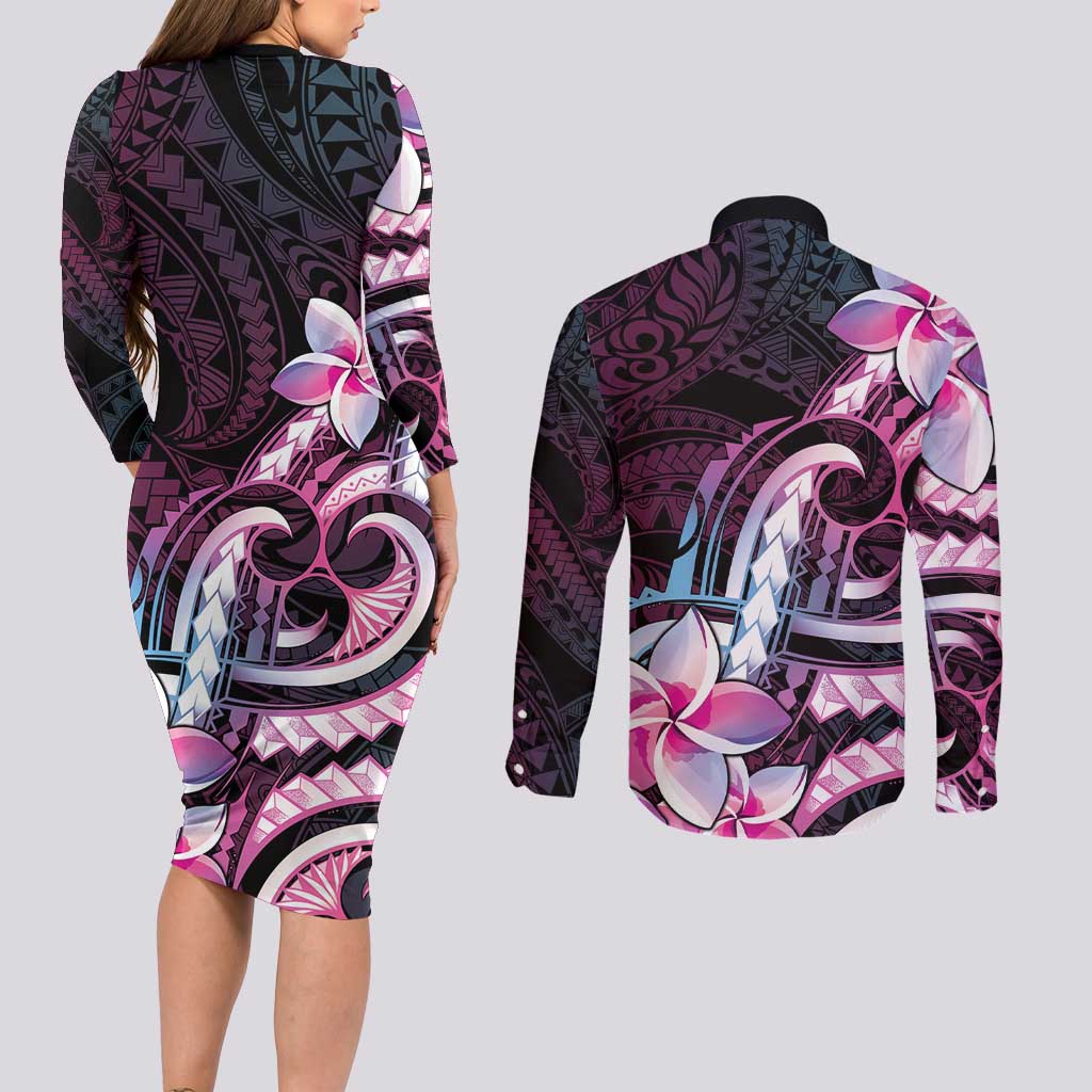 Polynesian Art Tattoo Couples Matching Long Sleeve Bodycon Dress and Long Sleeve Button Shirt Plumeria Flowers Pink Gradient