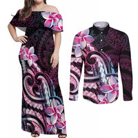 Polynesian Art Tattoo Couples Matching Off Shoulder Maxi Dress and Long Sleeve Button Shirt Plumeria Flowers Pink Gradient