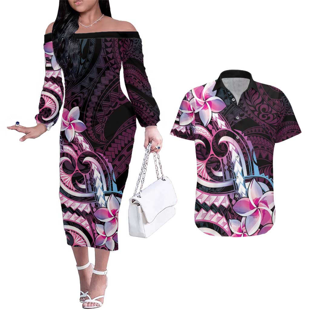 Polynesian Art Tattoo Couples Matching Off The Shoulder Long Sleeve Dress and Hawaiian Shirt Plumeria Flowers Pink Gradient