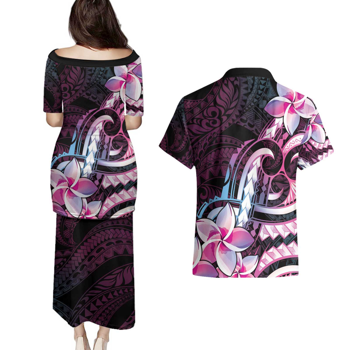 Polynesian Art Tattoo Couples Matching Puletasi and Hawaiian Shirt Plumeria Flowers Pink Gradient
