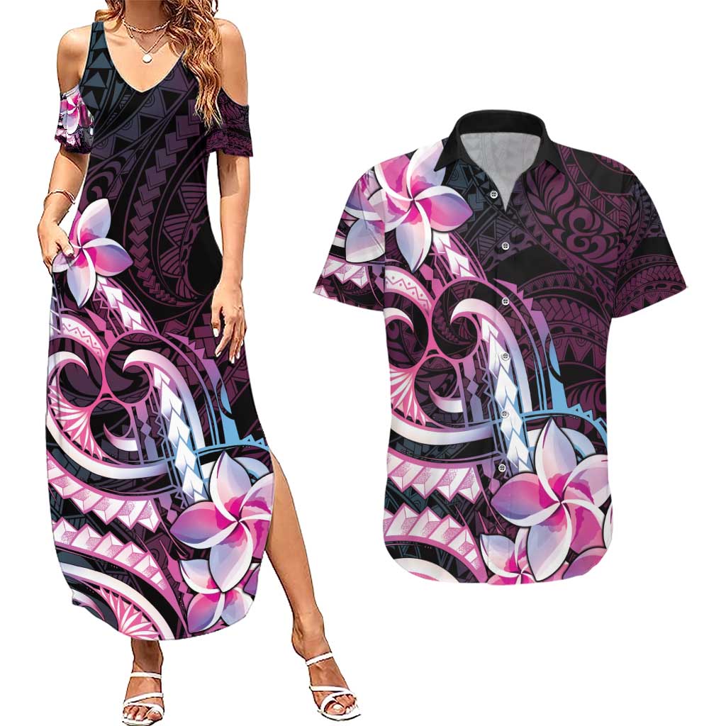 Polynesian Art Tattoo Couples Matching Summer Maxi Dress and Hawaiian Shirt Plumeria Flowers Pink Gradient