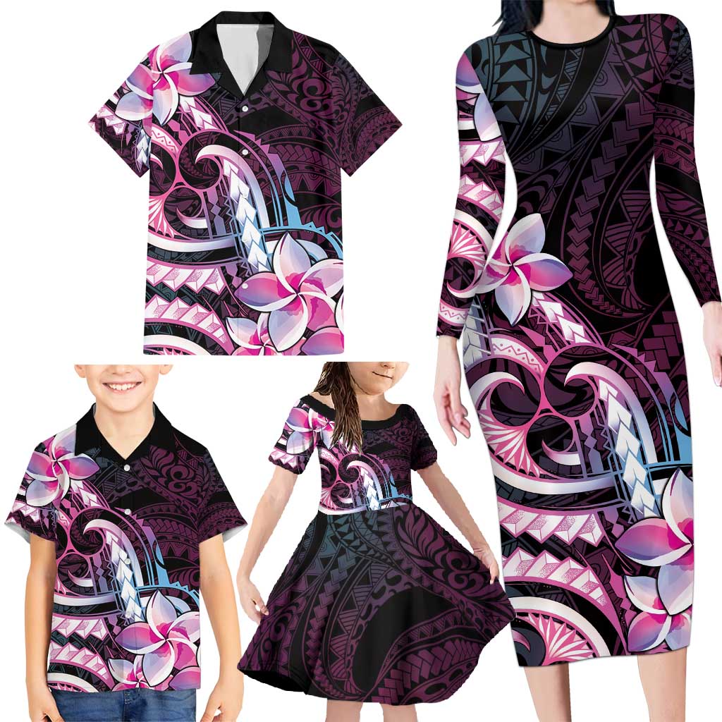 Polynesian Art Tattoo Family Matching Long Sleeve Bodycon Dress and Hawaiian Shirt Plumeria Flowers Pink Gradient LT05 - Polynesian Pride