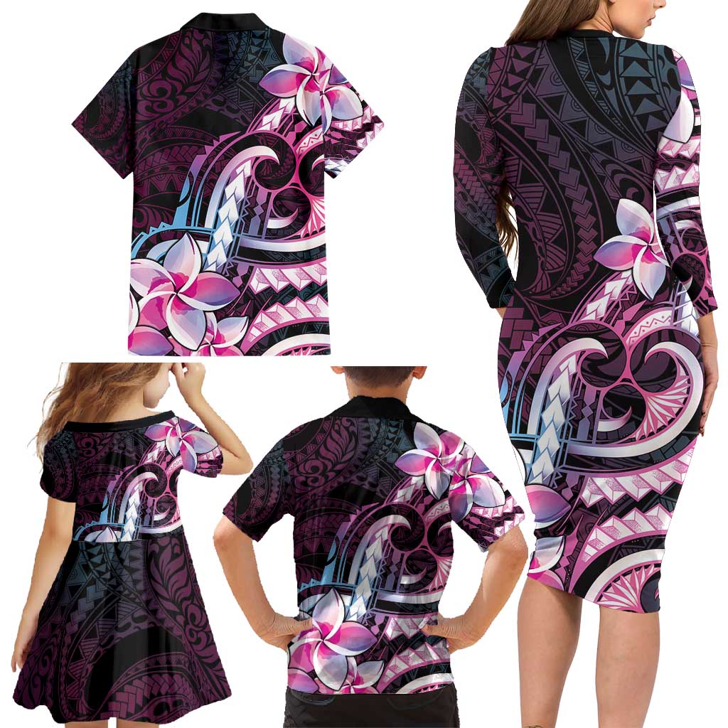 Polynesian Art Tattoo Family Matching Long Sleeve Bodycon Dress and Hawaiian Shirt Plumeria Flowers Pink Gradient LT05 - Polynesian Pride