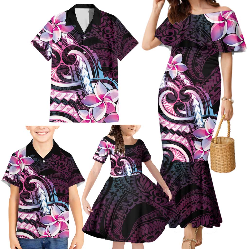 Polynesian Art Tattoo Family Matching Mermaid Dress and Hawaiian Shirt Plumeria Flowers Pink Gradient LT05 - Polynesian Pride
