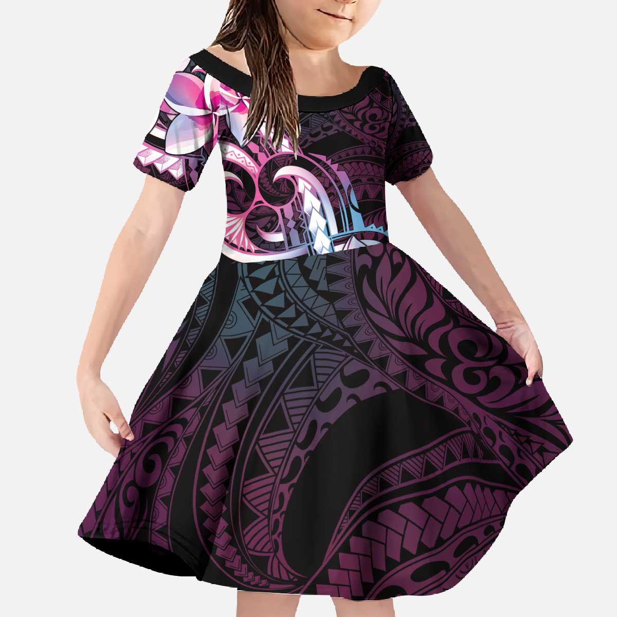 Polynesian Art Tattoo Family Matching Off The Shoulder Long Sleeve Dress and Hawaiian Shirt Plumeria Flowers Pink Gradient LT05 Daughter's Dress Pink - Polynesian Pride