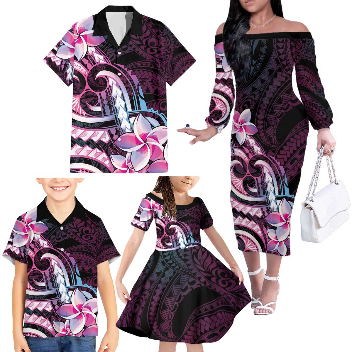 Polynesian Art Tattoo Family Matching Off The Shoulder Long Sleeve Dress and Hawaiian Shirt Plumeria Flowers Pink Gradient