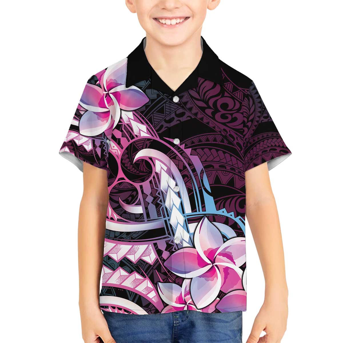 Polynesian Art Tattoo Family Matching Off The Shoulder Long Sleeve Dress and Hawaiian Shirt Plumeria Flowers Pink Gradient LT05 Son's Shirt Pink - Polynesian Pride