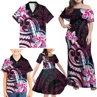 Polynesian Art Tattoo Family Matching Off Shoulder Maxi Dress and Hawaiian Shirt Plumeria Flowers Pink Gradient LT05 - Polynesian Pride