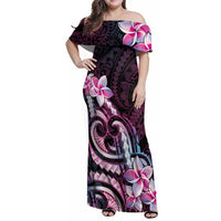 Polynesian Art Tattoo Family Matching Off Shoulder Maxi Dress and Hawaiian Shirt Plumeria Flowers Pink Gradient LT05 Mom's Dress Pink - Polynesian Pride