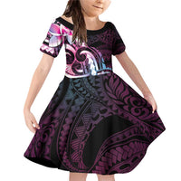 Polynesian Art Tattoo Family Matching Off Shoulder Short Dress and Hawaiian Shirt Plumeria Flowers Pink Gradient LT05 Daughter's Dress Pink - Polynesian Pride