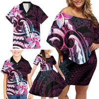 Polynesian Art Tattoo Family Matching Off Shoulder Short Dress and Hawaiian Shirt Plumeria Flowers Pink Gradient LT05 - Polynesian Pride